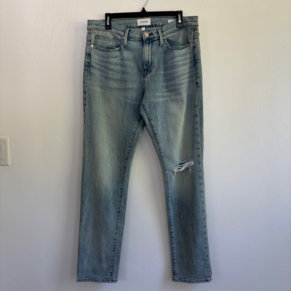 NWT FRAME L'Homme Slim Men's Jeans 34X32 Light Wash Distressed Raikes Rips Denim